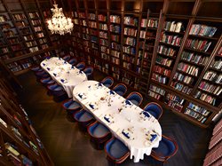 The Reading Room of the Library set up for a formal dinner.